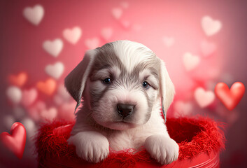 Cute puppy dog with love hearts. Valentines day concept. Generative ai