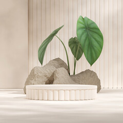caladium plant and rocks 3d image render empty scene white pillar shape podium in square
