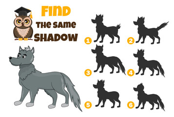 Find a similar shadow. Matches. Wolf. Owl scientist sits. Educational for children. Vector stock illustration. isolated. White background. Development