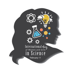 Female scientist head with long hair thinking about complex science knowledge, vector, icon, illustration.