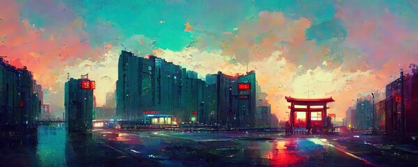 a painting of a city with a red gate, generative AI