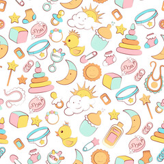 Vector seamless pattern with baby things on white background.
