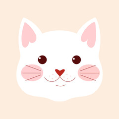 Cute cartoon white cat face isolated on cream background.