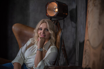 Obraz premium Artistic creative woman in modern - retro mix style, fashionable outfit details, size L XL
