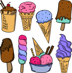 Hand drawn set of doodle with different ice cream types: waffle cone, cup ice cream, popsicle, sundae. Sketch style vector illustration for cafe menu, card, birthday card decoration.