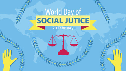 Fototapeta na wymiar Vector banner design for world day of social justice celebrated on the 20th of February. Background illustration celebrating world day of social justice day with a scale, ribbon, leaves and world map.
