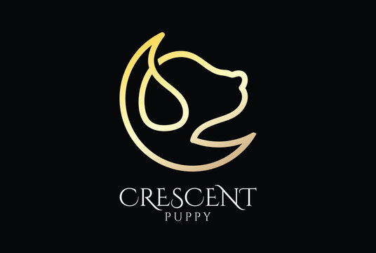 Simple Luxury Crescent Moon Dog Puppy Monogram Line Logo Design