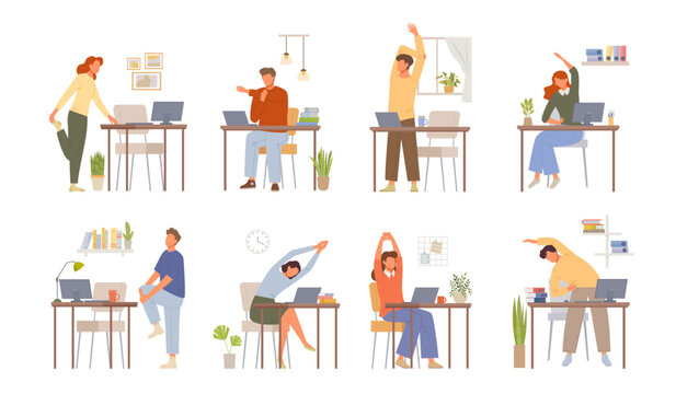 office exercises. freelancers home workplace making gymnastic. vector sport exercises characters