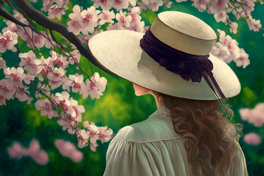 Spring Bliss Woman In A Straw Hat Enjoys The Cherry Blossom Garden, Facing Backwards With Joy