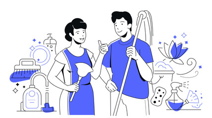 Household chores - modern colorful line design style illustration
