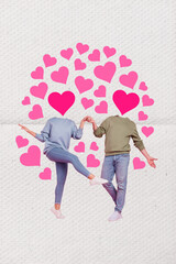 Creative collage picture photo poster postcard of positive people family wife husband have fun free time isolated on painted background