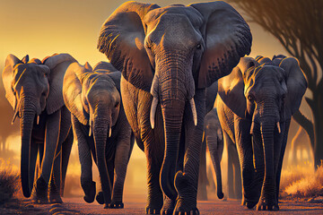 elephants walking in serengeti sunsetting golden hour