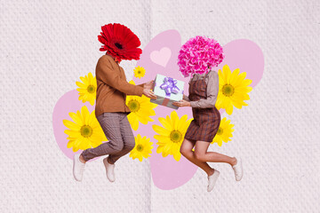 Obraz na płótnie Canvas Creative picture photo collage postcard of beautiful couple flower instead head sharing gifts isolated on drawing background