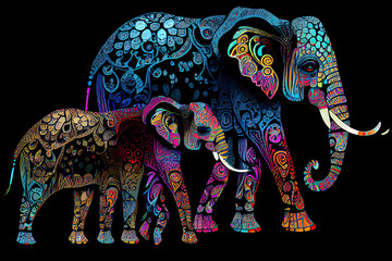 Beautiful vector pattern of colorful elephants on black background