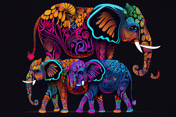 Obraz premium Beautiful vector pattern of colorful elephants on black background