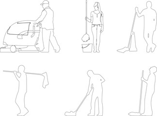 Sketch vector illustration of room cleaning worker with tools