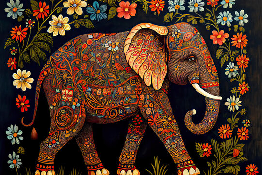 Folk art indian elephant, vector dot painting illustration