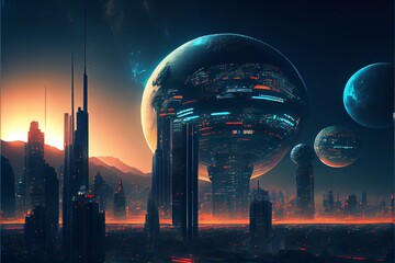 Night view on a futuristic city. Generative AI