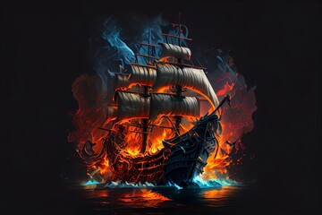Pirate ship destroyed in flames after battle at sea. Digital illustration. Generative AI