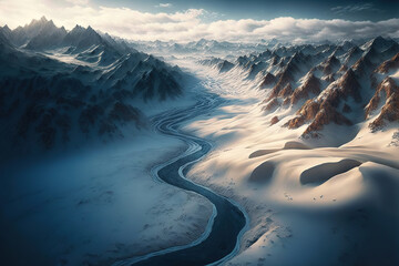 view from the top where water is flowing between snow covered mountains. Generative Ai