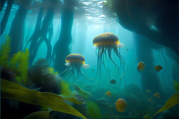 Realistic jellyfish and vegetation inhabit the underwater realm. Generative AI