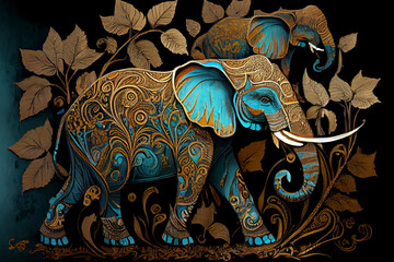 Obraz premium elephants, hohloma, painting, large. small details. gold,light brown, black, turquoise silver