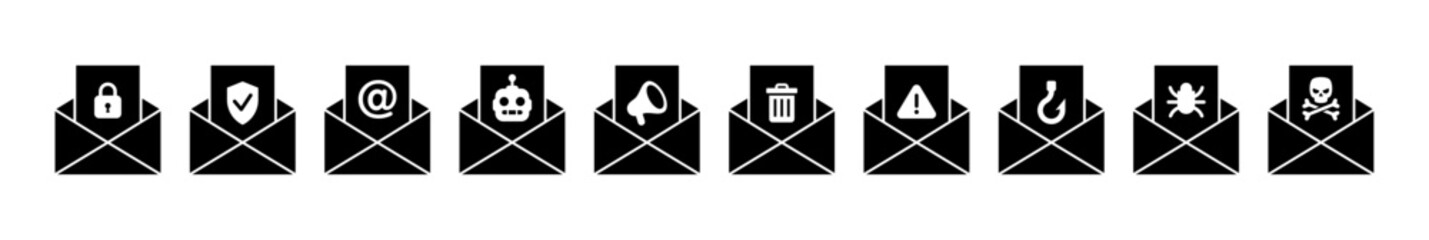 Set silhouette envelope with letter email options from safe protected to the dangerous virus vector illustration