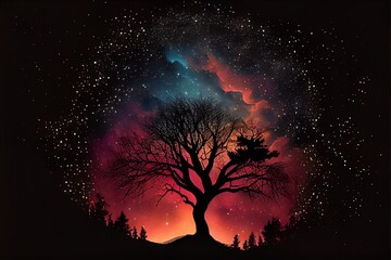 A tree silhouette with stars and a nebula. Generative AI