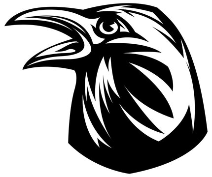 Head of raven. Crow abstract character illustration. Graphic logo designs template for emblem. Image of portrait for company use or tattoo.