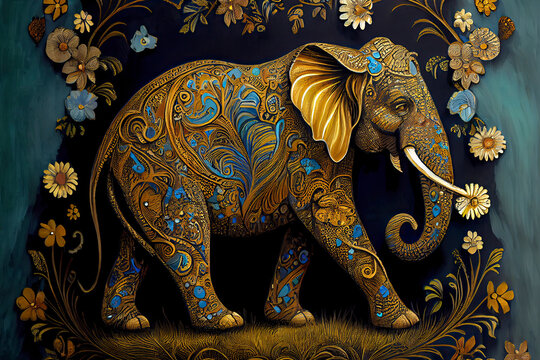 elephants, hohloma, painting, large. small details. gold,light brown, black, turquoise silver