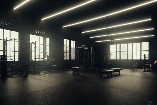 Bar for weight lifting on dark background in gym barbell. Generative AI