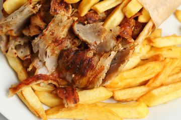 greek gyros pita with french fries on dish - 566285738