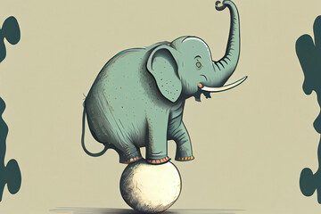 Funny cartoon circus elephant balancing on ball
