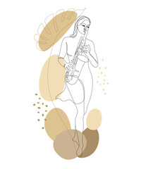 Silhouette of a beautiful woman playing the saxophone and leaves of a plant in a continuous modern style. Saxophonist girl. Aesthetic decor sketches, posters, stickers, logo. Vector illustration