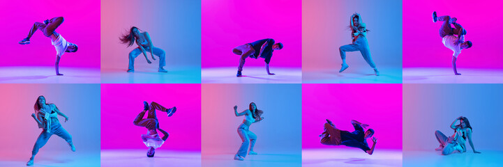 Collage. Dynamic studio shots of young sportive, flexible, artistic boy and girl performing, dancing hip-hop on gradient pink blue background in neon. Youth culture, hip-hop, movement, action concept