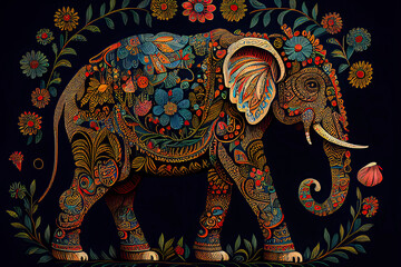 Folk art indian elephant, vector dot painting illustration - obrazy, fototapety, plakaty