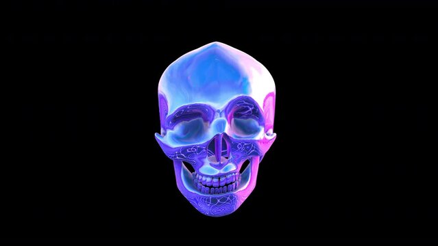 Seamless animation of water skull with deformation and reflections with alpha channel. Cool metallic Halloween background