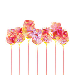 Elegant wine glasses with flowers. Floral aroma wine in goblet. Colorful stemware with alcoholic beverage for celebrations, special occasions, fairs and degustation events. Vector illustration