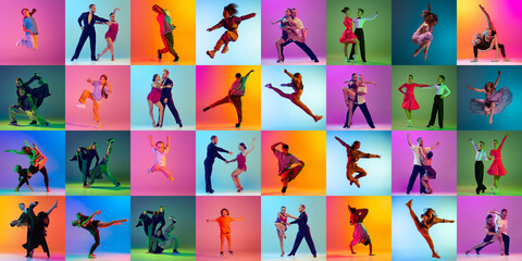 Obraz na płótnie Canvas Collage. Children and adult people dancing different dance types,from classic to modernity over multicolored background in neon light. Ballroom and hip-hop. Concept of lifestyle, hobby, action, motion
