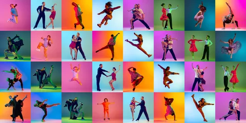 Gordijnen Collage. Children and adult people dancing different dance types,from classic to modernity over multicolored background in neon light. Ballroom and hip-hop. Concept of lifestyle, hobby, action, motion © master1305