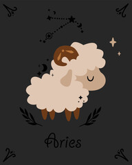 zodiac card with aries - vector illustration, eps