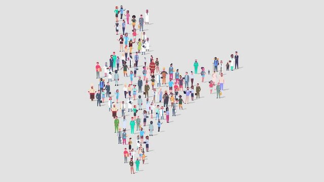India Population Creative Concept on Indian Map. Large Crowd of Different People Standing Together in a Shape of India Country Symbol. Multicultural Community and Globalization. 4k Video
