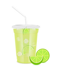 Green fresh lime juice glass and slices half. Fruit juice in clear plastic transparent cup flat lid, ice and straw tube. For design drink menu cafe or restaurants. Isolated 3D realistic vector.