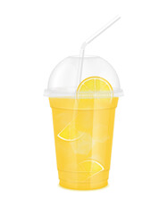 Fruit juice in clear plastic transparent cup and ice with sphere dome cap, straw tube. Fresh lemon juice for design drink menu cafe or restaurants. Isolated on white background. 3D Realistic vector.