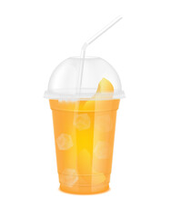 Fruit juice in clear plastic transparent cup and ice with sphere dome cap, straw tube. Fresh juice peach for design drink menu cafe or restaurants. Isolated on white background. 3D Realistic vector.