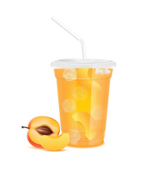 Orange fresh peach juice glass and slices half. Fruit juice in clear plastic transparent cup flat lid, ice and straw tube. For design drink menu cafe or restaurants. Isolated 3D realistic vector.