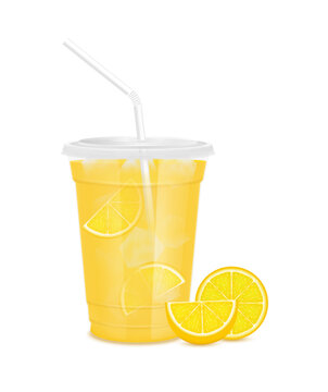 Yellow fresh lemon juice glass and slices half. Fruit juice in clear plastic transparent cup flat lid, ice and straw tube. For design drink menu cafe or restaurants. Isolated 3D realistic vector.