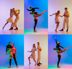 Collage. Combination of modern and classic dance styles. People dancing boogie woogie and contemp,...