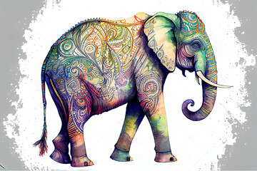 Obraz premium Watercolor painted fantasy ornate Indian elephant isolated on a white background