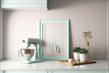 blank photo frame in kitchen minimalist design,pastel colour palette, Made by AI,Artificial intelligence